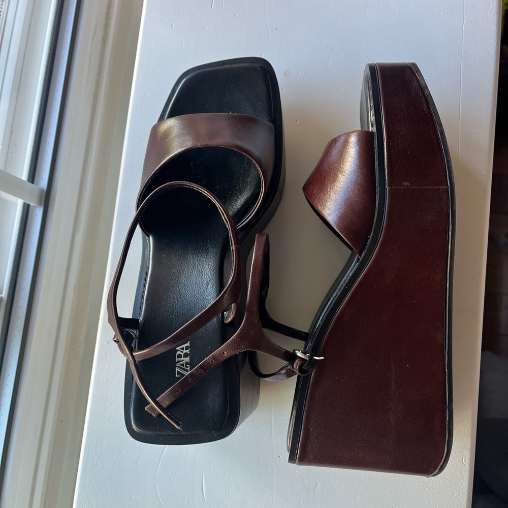 Zara Dark Brown Leather Platform Sandals *BARELY WORN, LIKE NEW*